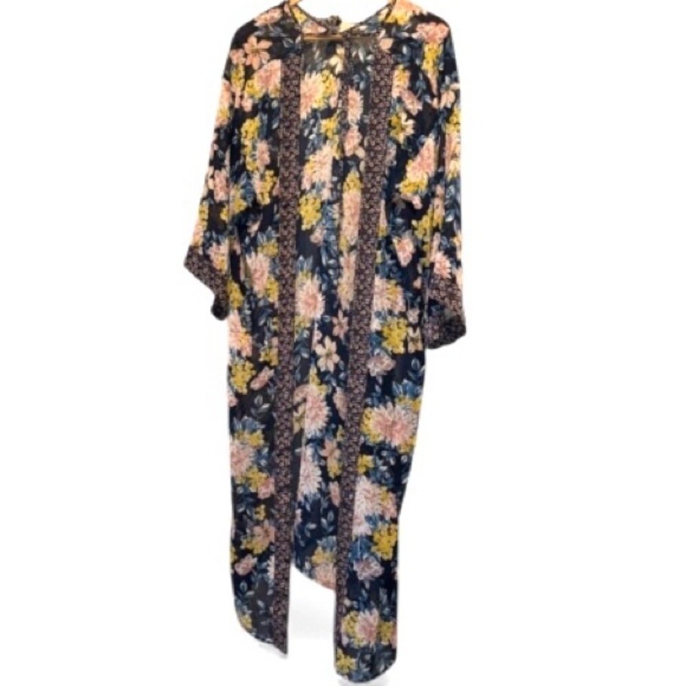 floral kimono long cover-up duster wide arm semi sheer